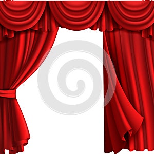 Curtain with drape stage. Theatre fabric red curtains with elegant decor drapes for entertainment vector template