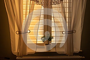 Curtain interior sunset. House room. run lighting through transparent curtain on window into bedroom at evening sunny day