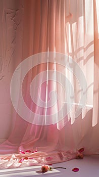 A curtain with pink fabric and a window behind it