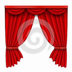 Curtain red for theatre stage, opera scene. Drape textile. Luxury fabric background.