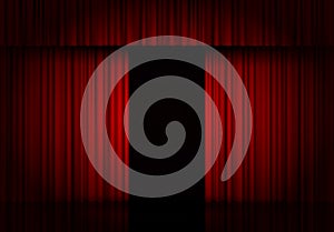 Curtain red vector isolated. Open drapery. Theater scene, opera, concert or cinema. 3d object. Curtain stage. Vector