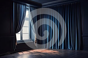 curtain setting, with dark blue backdrop and drapes, against window view