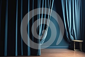 curtain setting, with dark blue backdrop and drapes, against window view