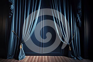 curtain setting, with dark blue backdrop and drapes, against window view