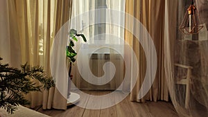 Curtain with tulle on the window. The interior of the room with draped curtains