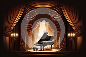 Curtained off concert stage with a grand piano and a brown backdrop