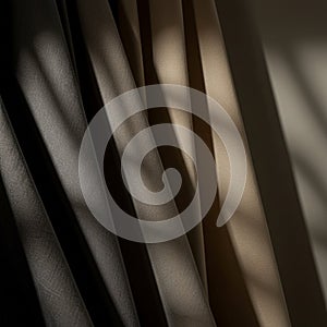 Curtains in dark and light beige tones are draped vertically, with light filtering through