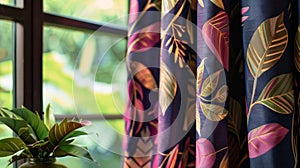 The curtains dd behind the cashiers desk are made of airy fabric with a bold leafy pattern in shades of magenta indigo