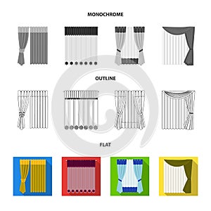 Curtains, drapes, garters, and other web icon in flat,outline,monochrome style. Textiles, furniture, bow icons in set
