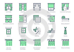 Curtains line icons. Vector illustration include icon - window, cornice, rail, tulle, bobbinet, grommet, roller outline
