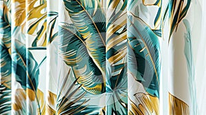 The curtains are made of a lightweight fabric with a largescale print of tropical flowers and giant palm leaves in