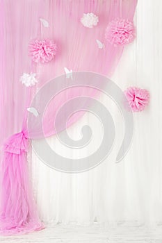 Curtains pink background, blank interior room for girl