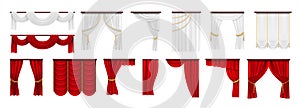 Curtains set. Red white curtain, isolated textile theater drape collection. Hanging fabric with golden ropes, show