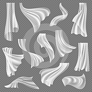 Curtains. Textile transparent decoration for interior curtains on hangers window wind decent vector realistic templates