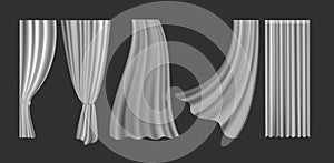 Curtains vector illustration set. 3d realistic fluttering curtains collection from white fabric silk cloth for window