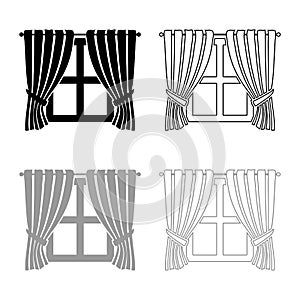 Curtains and window Interior concept Home window view decoration Waving curtains on window icon outline set black grey color