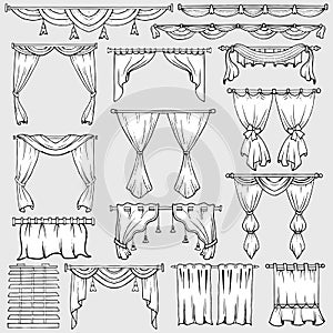 Curtains, window shades and drapery vector icons