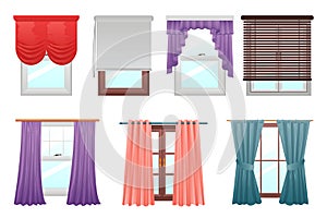 Curtains on windows. Cartoon interior decoration. Indoor hanging textile for kitchen and living room. Various drape