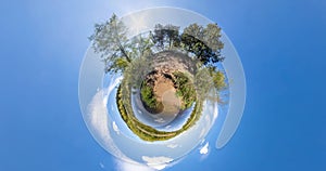 Curvature of space of little planet transformation. Abstract torsion and spinning of full flyby panorama landscape near river in s