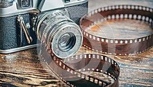 curve 35 mm filmstrip and retro camera, high detail background