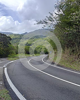 Curve asphalt road in tropical island. Bend street up to the mountain. Serpentine road in forest