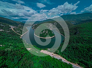 Curve or meander on river Vrbas, drone panorama, close to Banja photo