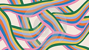 Curve rainbow colors stripes pattern. Psychedelic trippy background in hippie 60s-70s style. Retro colorful abstract
