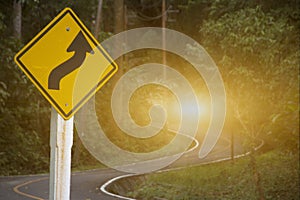 Curve road mountain landscape and glowing light at the end of road ways, Road on mountain in country, S-shape