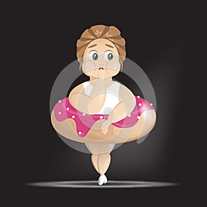 Curve woman caught with eating donut on stage. Vector illustration
