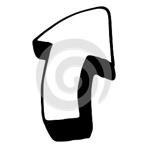 The curved arrow icon. drawn in a doodle style with a black isolated outline and a volume of shadow on white. the arrow icon shows