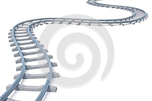 Curved, bend railroad track isolated on white background. 3d illustration