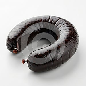 Curved black pudding sausage on a white background