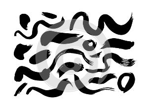 Curved brush stroke vector collection. Set of black paint grunge ink elements isolated on white background.