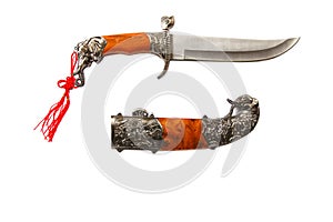 Curved ceremonial dagger knife with a decorative sheath isolated on a white background. Vintage dagger on a white background. Dagg