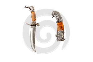 Curved ceremonial dagger knife with a decorative sheath isolated on a white background. Vintage dagger on a white background. Dagg
