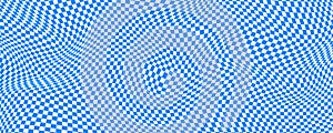 Curved checkerboard background, blue abstract distorted grid texture