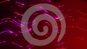 Curved colored lines of light in wavy motion moving from left to right, dark red background, abstract