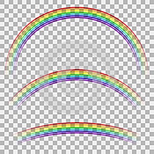 Curved Colorful Rainbow on Checkered Background. Transparent Weather Icon. Spectrum Colored Pattern