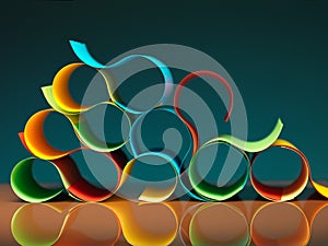 Curved, colorful sheets of paper with reflexions