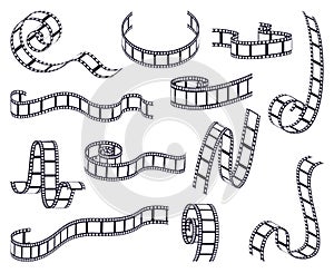 Curved film strip. Cinema monochrome movie or photo tape, strip roll border fragments. Vintage curved filmstrip isolated