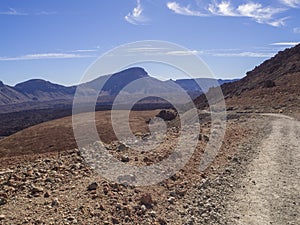 curved footpath road to volcano pico del teide with desert volcanic landscape orange and purple mountain, clear blue sky