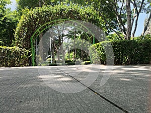 Curved Gateway With Clipped Hedge Growing Over- Scenic Garden Design Entrance