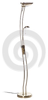 Curved gold uplighter torchiere floor lamp with shade and  golden small reading light isolated on white background