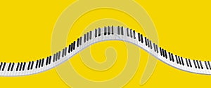 Curved grand piano keyboard isolated on yellow background. Abstract design for music banners. 3D rendering image.