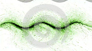 Curved green line and hundreds of flying particles on a white background, abstruse