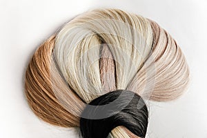 Curved hair samples for extension,different colors.White background.