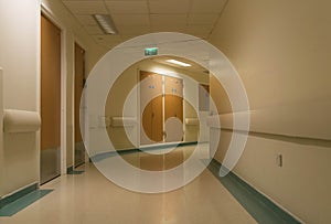 Curved hospital corridor at night
