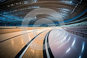 Curved indoor velodrome track with striking lines.