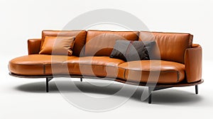 Curved leather sofa with stylish stitching in three quarters view on white background