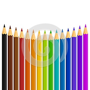 A curved line of rainbow color / colour pencils on a white background